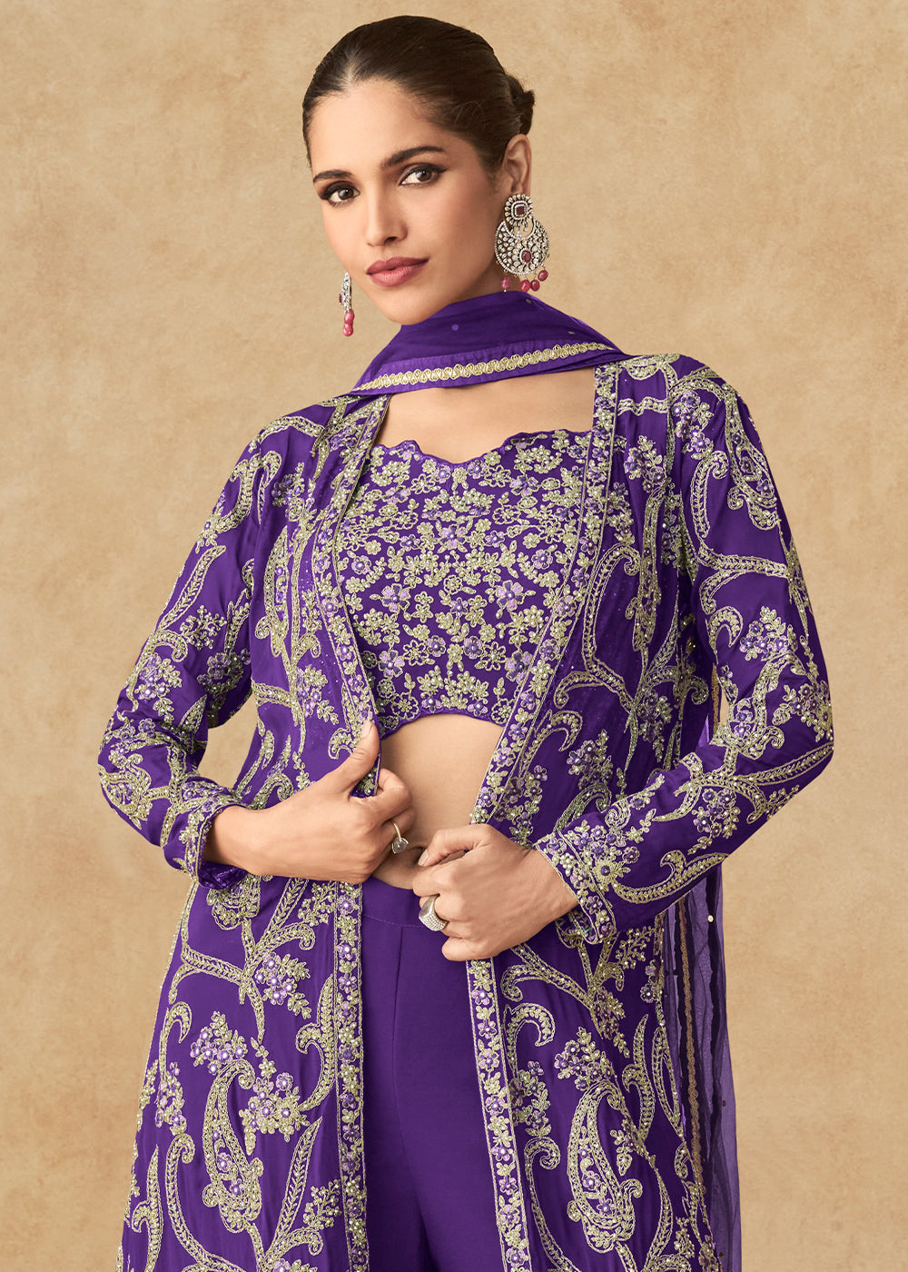 Designer Teal Blue Georgette Palazzo Set with Embroidered Long Jacket and Crop Top