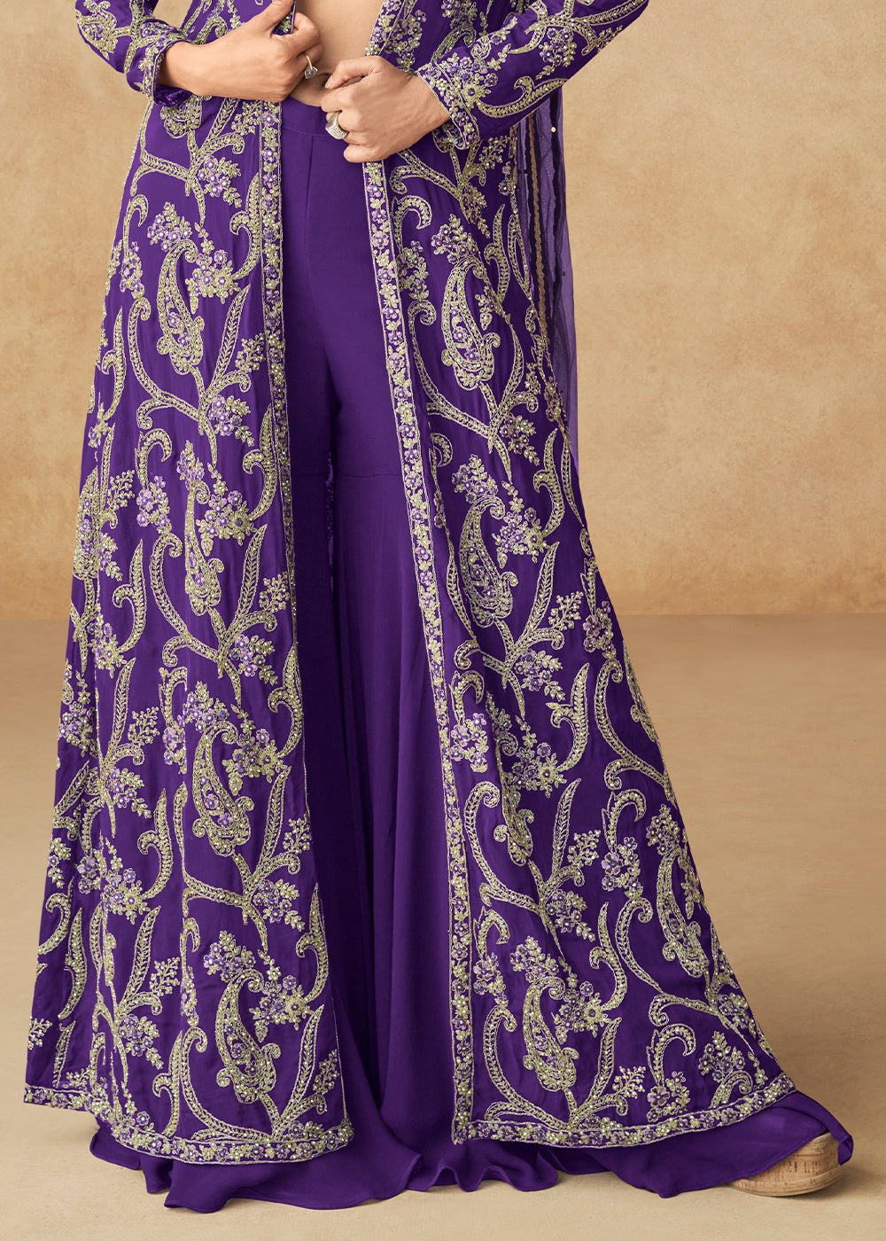 Designer Teal Blue Georgette Palazzo Set with Embroidered Long Jacket and Crop Top