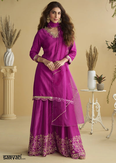 Phlox Purple Silk Suit with Mirror and Thread Embroidery