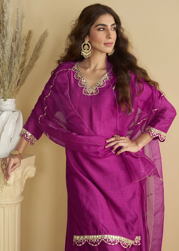 Phlox Purple Silk Suit with Mirror and Thread Embroidery