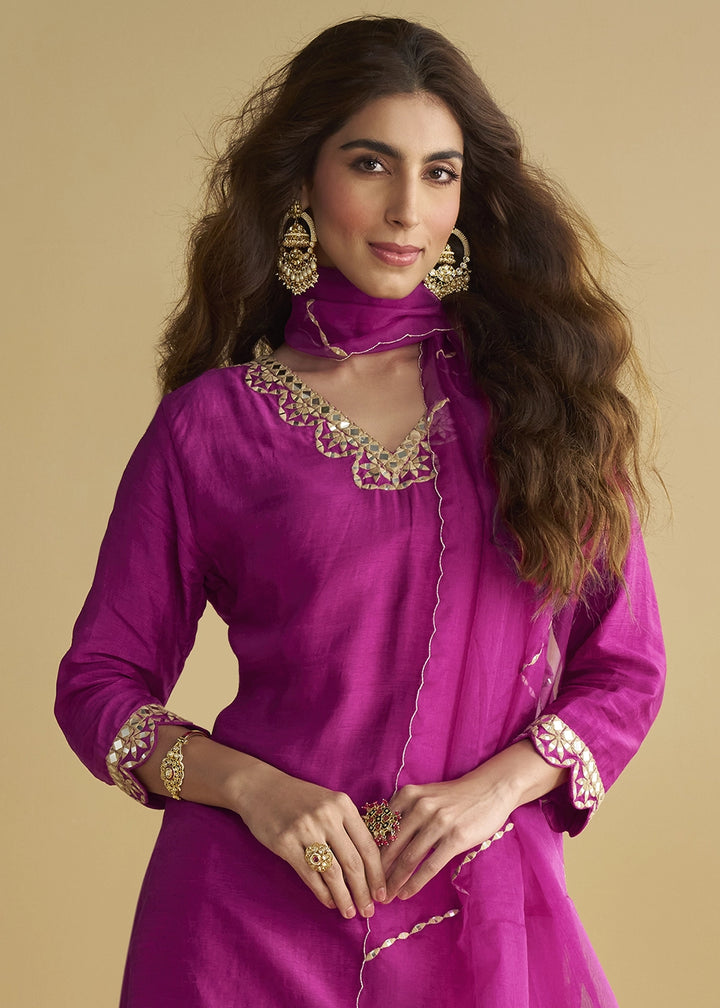 Phlox Purple Silk Suit with Mirror and Thread Embroidery
