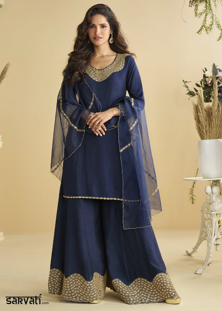 Denim Blue Silk Suit with Mirror and Thread Embroidery
