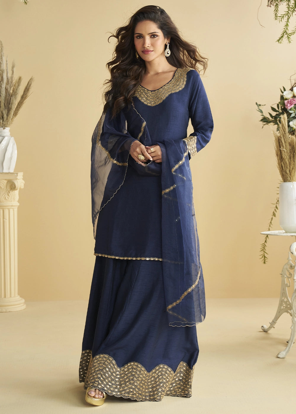Denim Blue Silk Suit with Mirror and Thread Embroidery