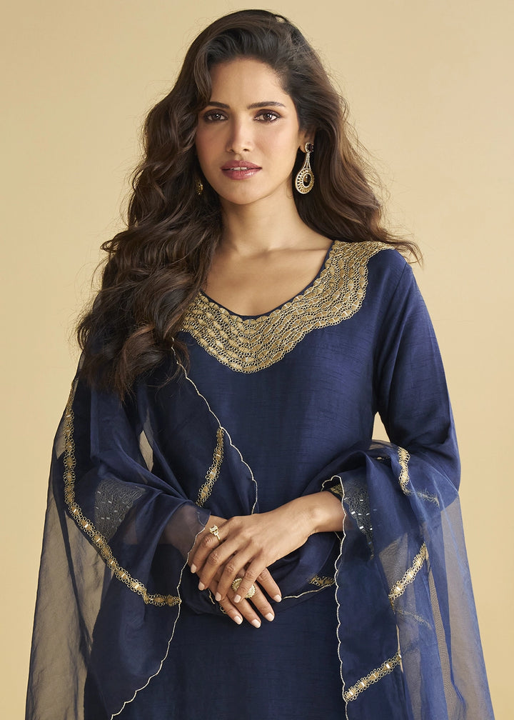 Denim Blue Silk Suit with Mirror and Thread Embroidery