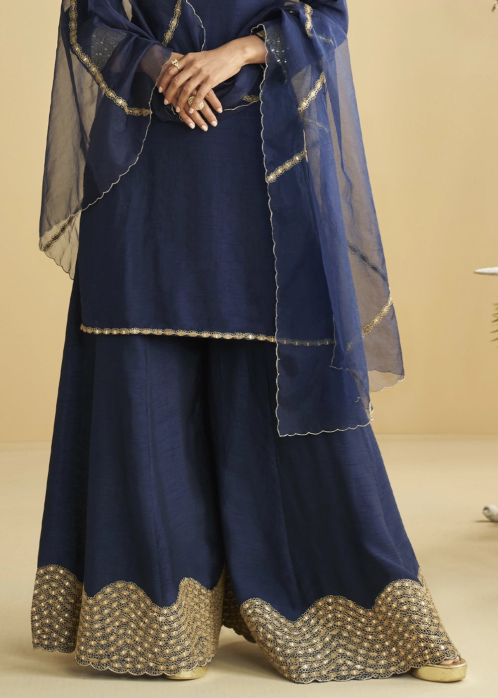 Denim Blue Silk Suit with Mirror and Thread Embroidery