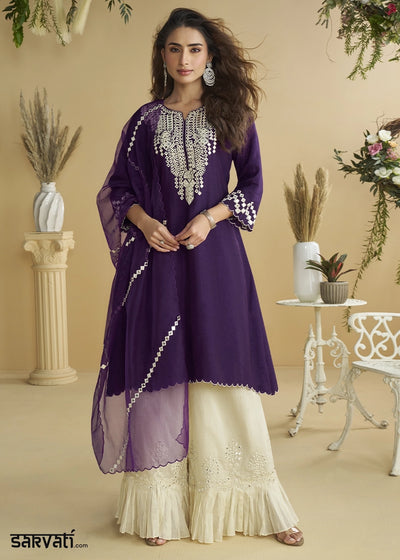 Blackberry Purple Silk Suit with Mirror and Thread Embroidery
