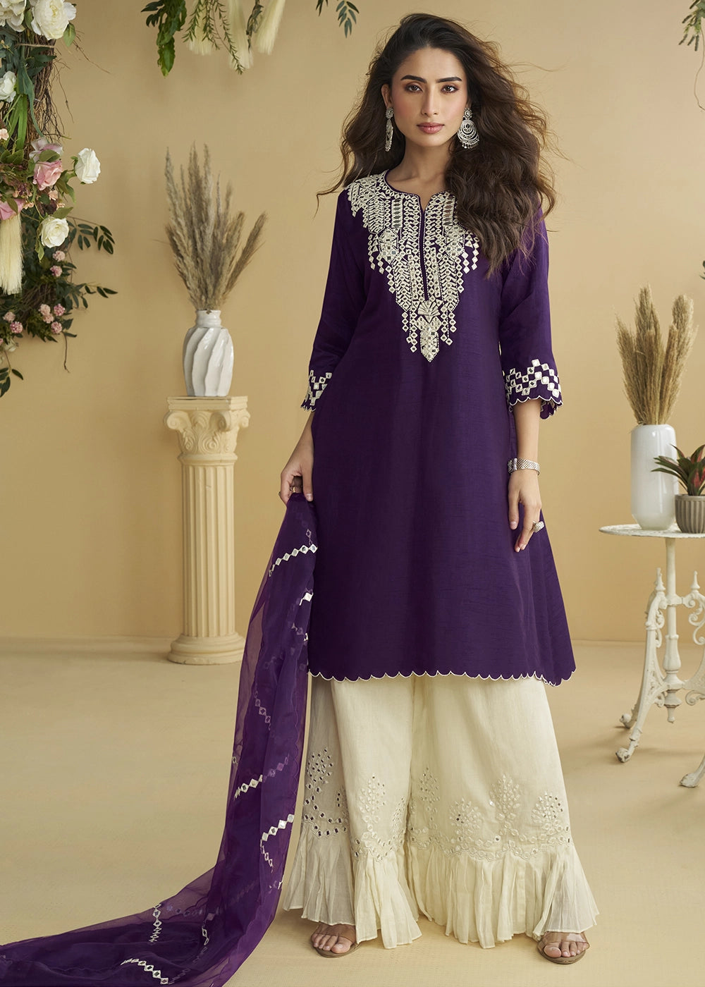 Blackberry Purple Silk Suit with Mirror and Thread Embroidery