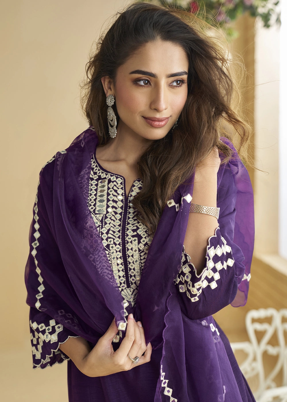 Blackberry Purple Silk Suit with Mirror and Thread Embroidery