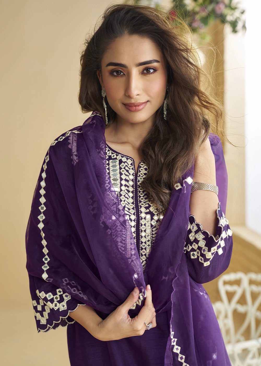 Blackberry Purple Silk Suit with Mirror and Thread Embroidery