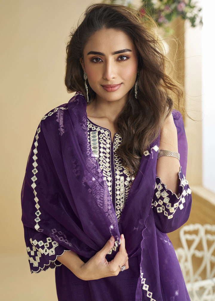 Blackberry Purple Silk Suit with Mirror and Thread Embroidery