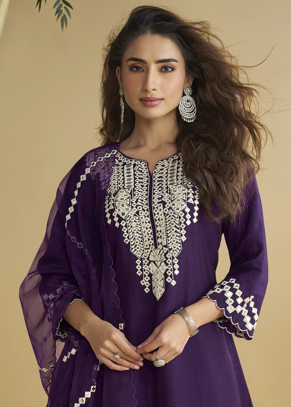 Blackberry Purple Silk Suit with Mirror and Thread Embroidery