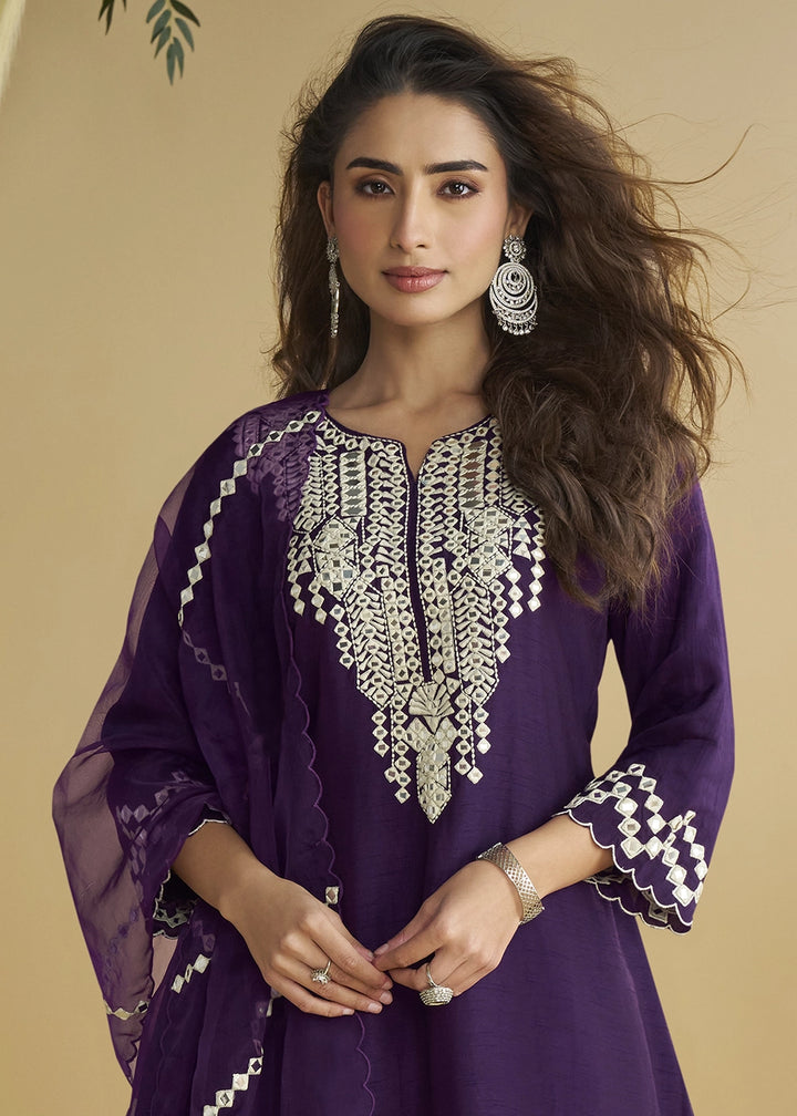 Blackberry Purple Silk Suit with Mirror and Thread Embroidery