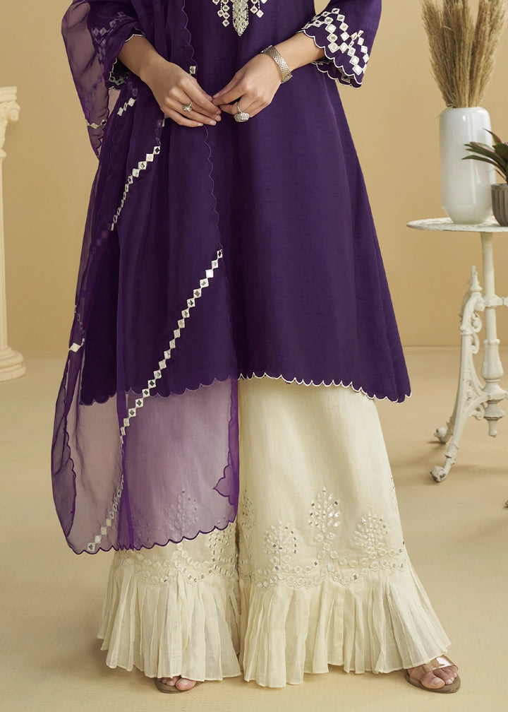 Blackberry Purple Silk Suit with Mirror and Thread Embroidery