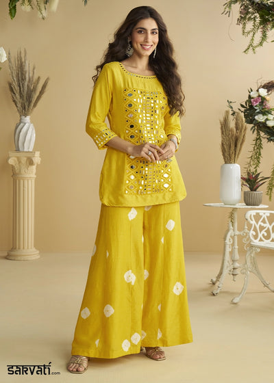 Saffron Yellow Silk Suit with Mirror and Thread Embroidery