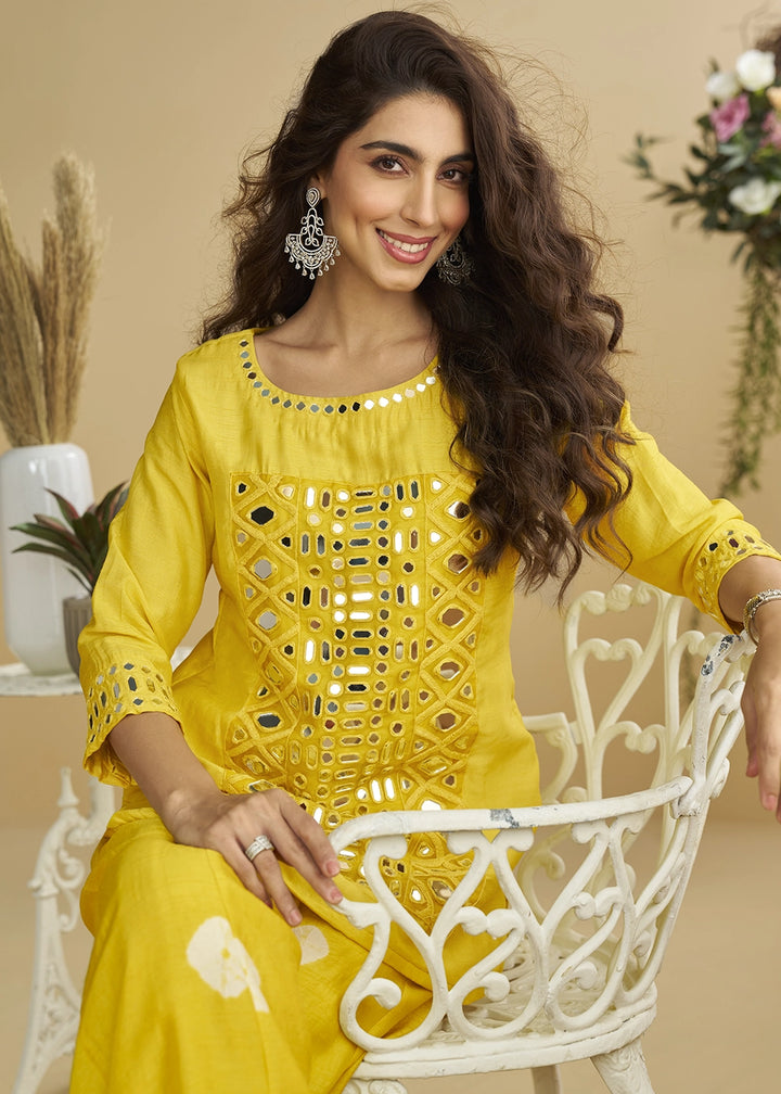 Saffron Yellow Silk Suit with Mirror and Thread Embroidery