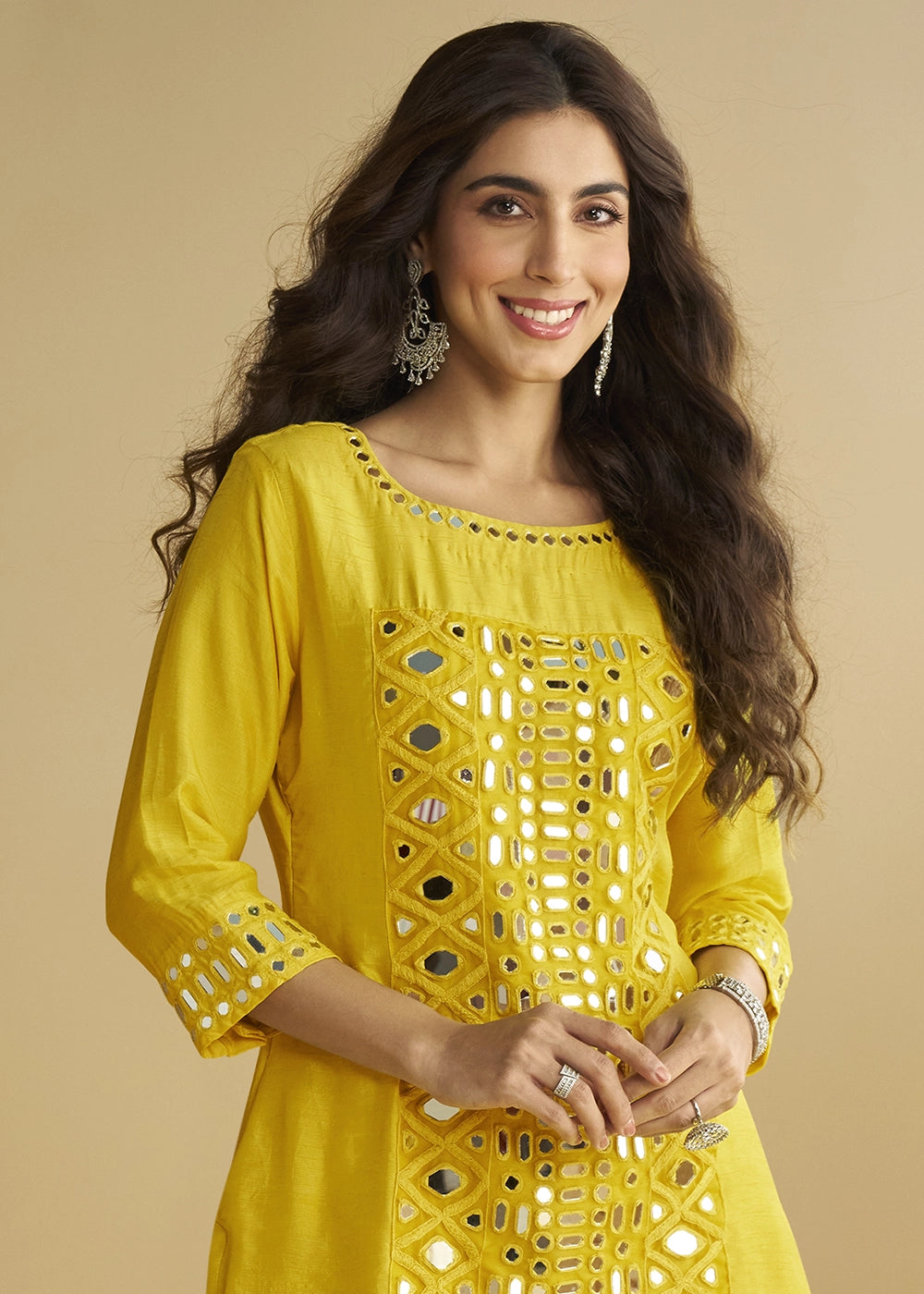 Saffron Yellow Silk Suit with Mirror and Thread Embroidery