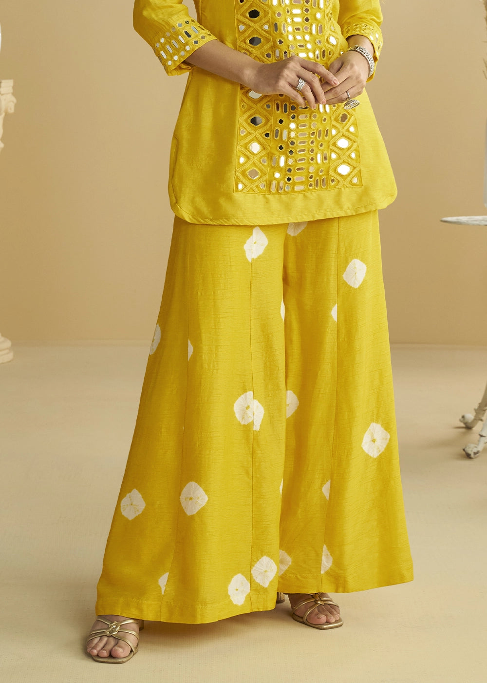 Saffron Yellow Silk Suit with Mirror and Thread Embroidery