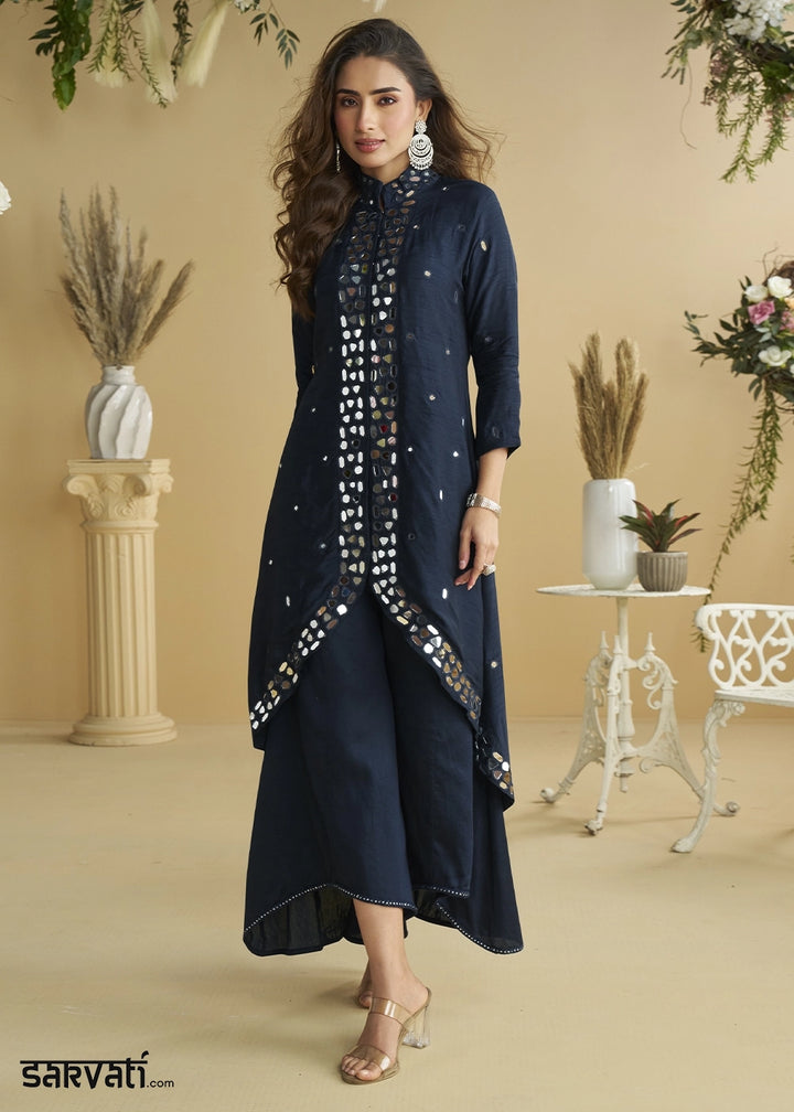 Space Blue Silk Suit with Mirror and Thread Embroidery