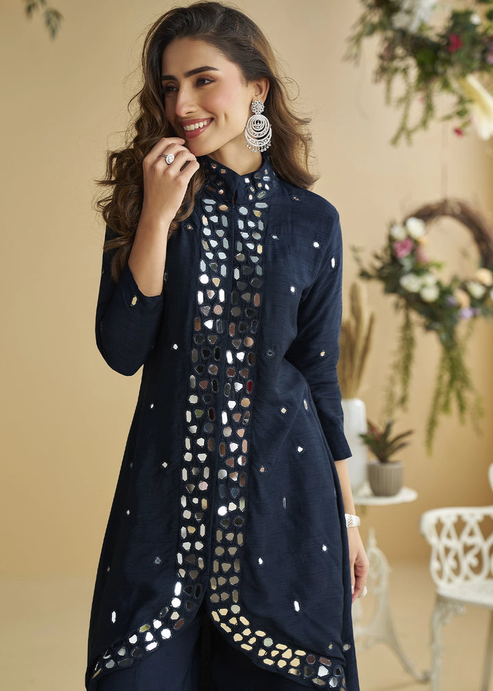 Space Blue Silk Suit with Mirror and Thread Embroidery