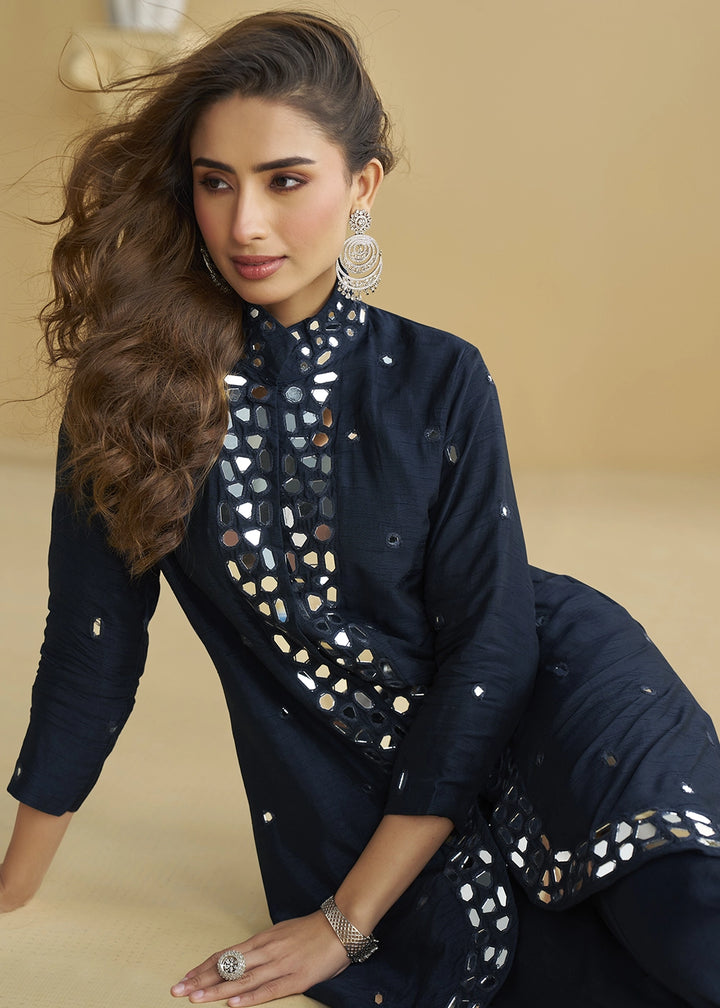 Space Blue Silk Suit with Mirror and Thread Embroidery