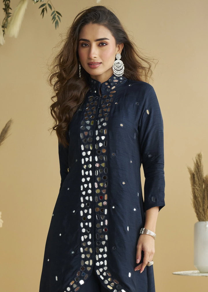 Space Blue Silk Suit with Mirror and Thread Embroidery