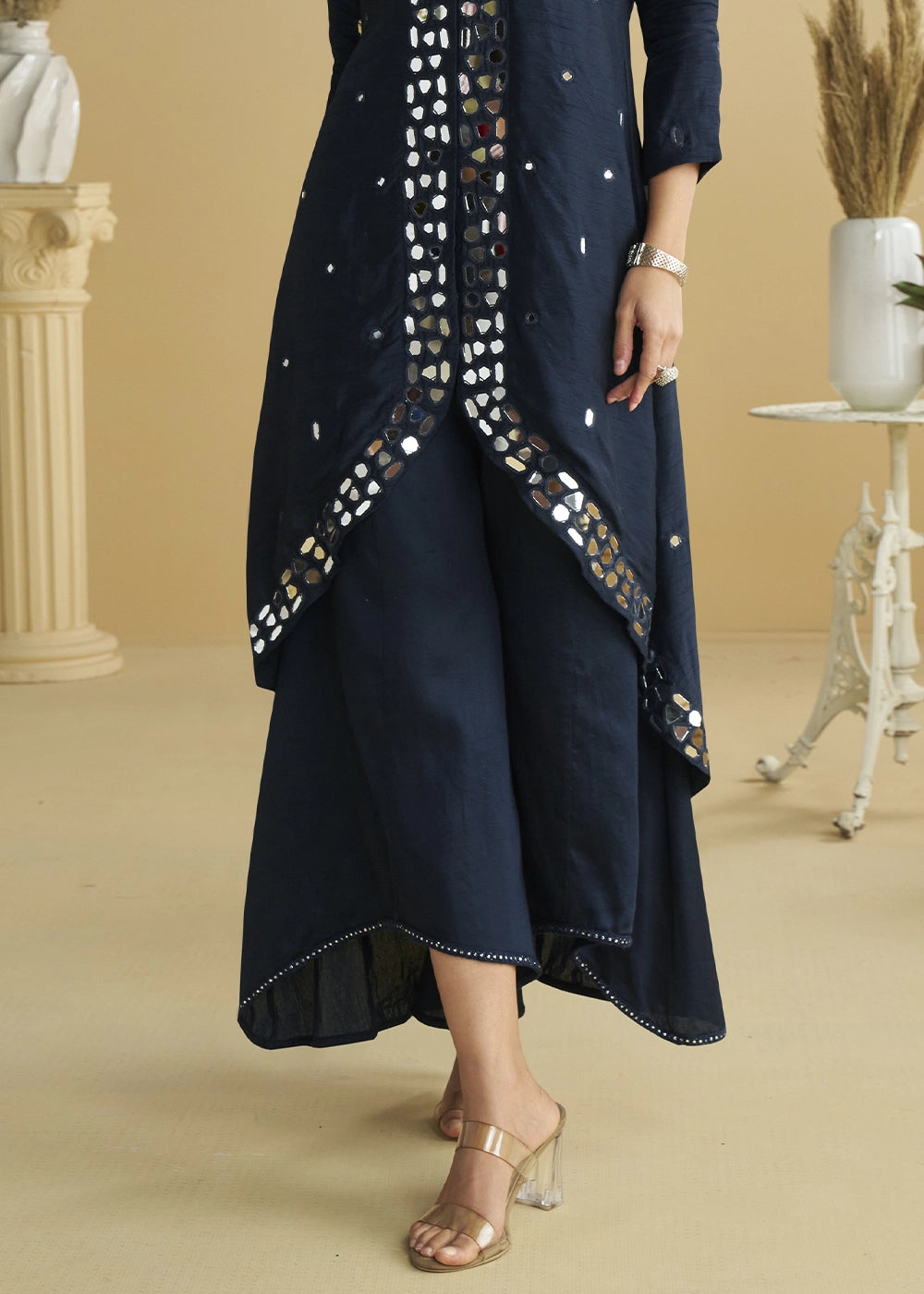 Space Blue Silk Suit with Mirror and Thread Embroidery