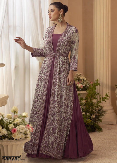 Amaranth Purple Chinon Silk Gown with Heavy Embroidered Front & Back Jacket