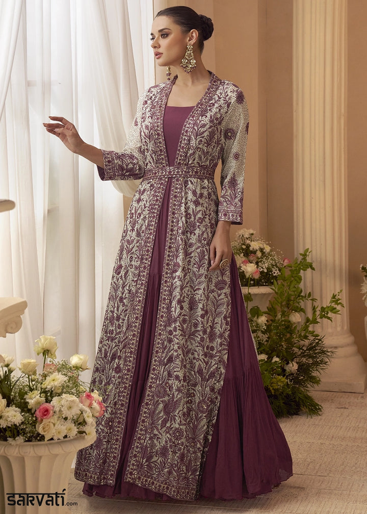 Amaranth Purple Chinon Silk Gown with Heavy Embroidered Front & Back Jacket