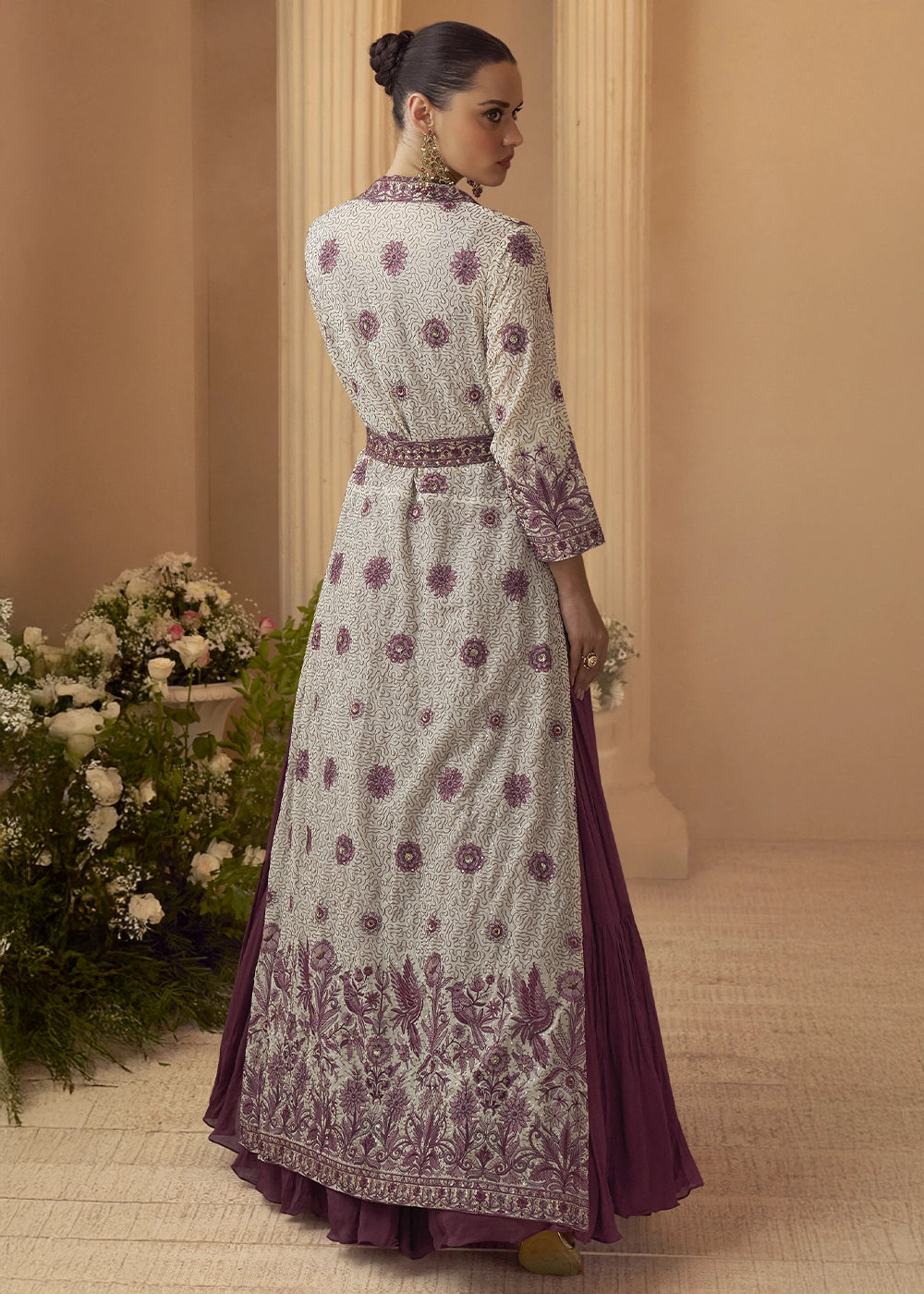 Amaranth Purple Chinon Silk Gown with Heavy Embroidered Front & Back Jacket