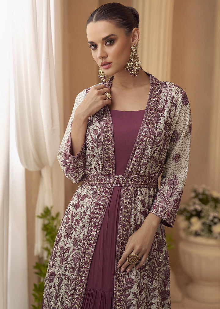 Amaranth Purple Chinon Silk Gown with Heavy Embroidered Front & Back Jacket