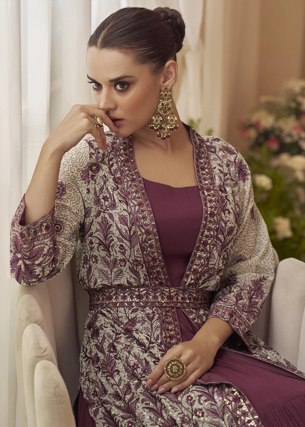 Amaranth Purple Chinon Silk Gown with Heavy Embroidered Front & Back Jacket