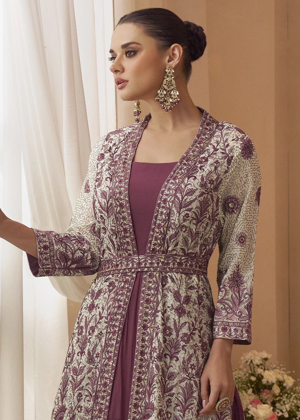 Amaranth Purple Chinon Silk Gown with Heavy Embroidered Front & Back Jacket