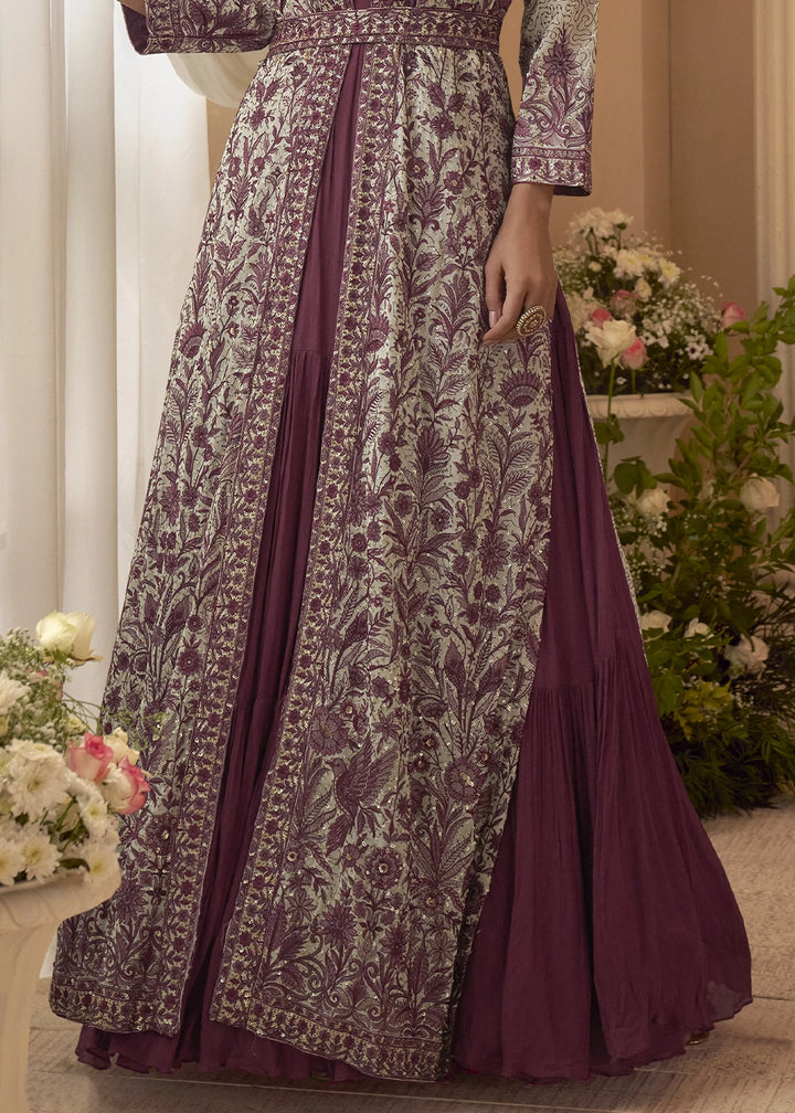 Amaranth Purple Chinon Silk Gown with Heavy Embroidered Front & Back Jacket