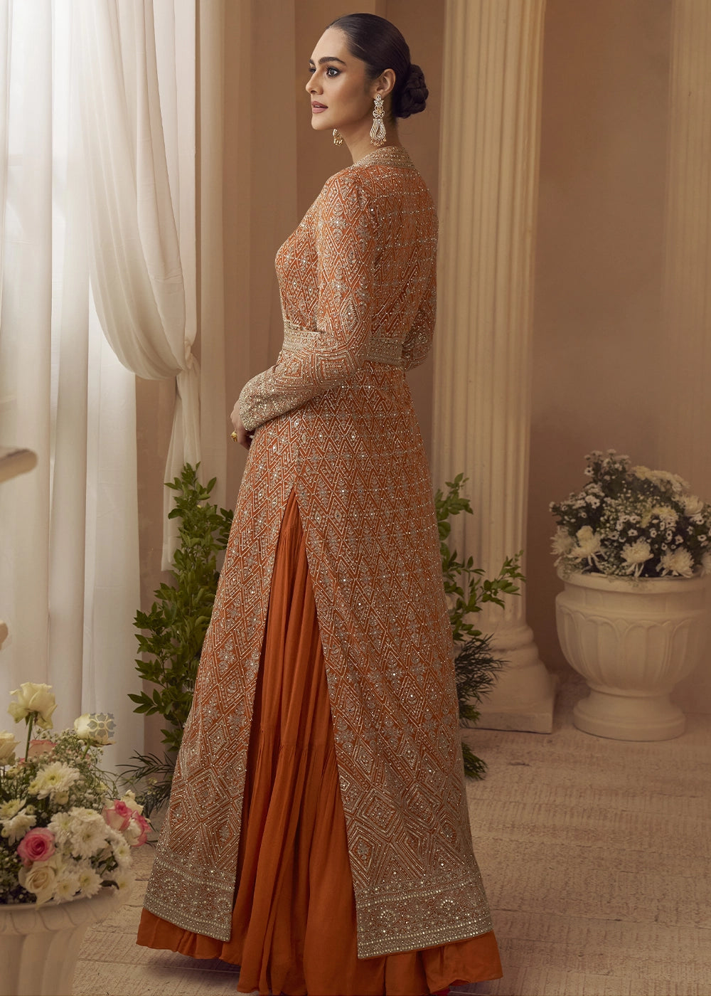 Pumpkin Orange Chinon Silk Gown with Heavy Embroidered Front & Back Jacket