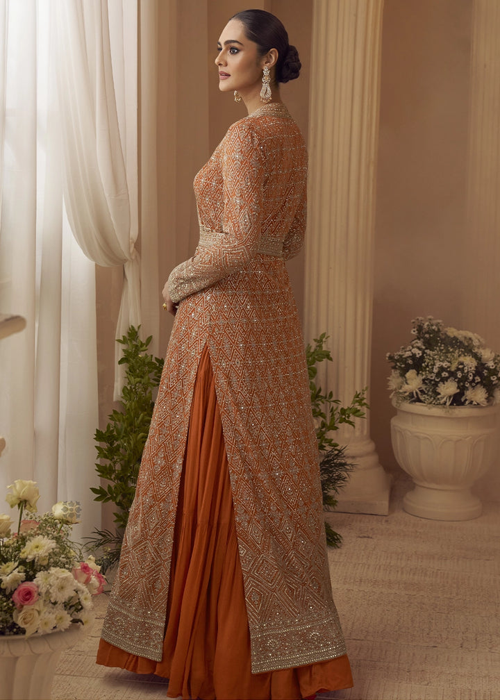 Pumpkin Orange Chinon Silk Gown with Heavy Embroidered Front & Back Jacket