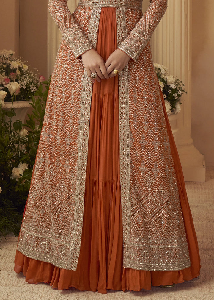Pumpkin Orange Chinon Silk Gown with Heavy Embroidered Front & Back Jacket