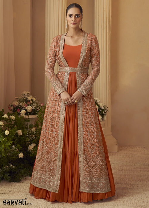 Pumpkin Orange Chinon Silk Gown with Heavy Embroidered Front & Back Jacket