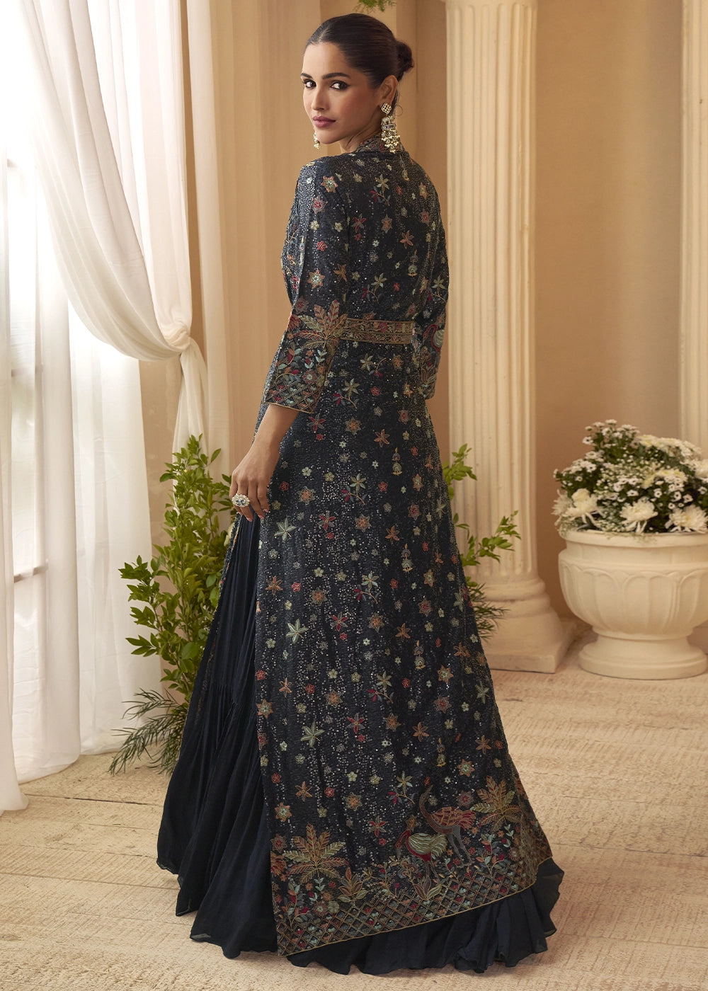 Denim Blue Chinon Silk Gown with Heavy Embroidered Front & Back Jacket