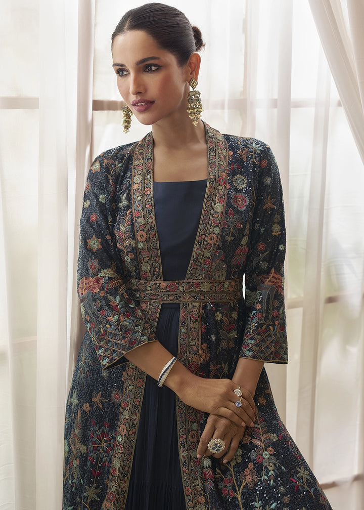 Denim Blue Chinon Silk Gown with Heavy Embroidered Front & Back Jacket