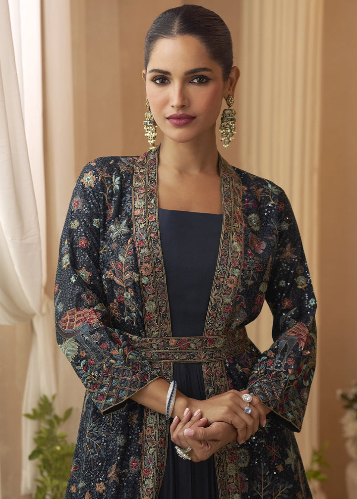 Denim Blue Chinon Silk Gown with Heavy Embroidered Front & Back Jacket