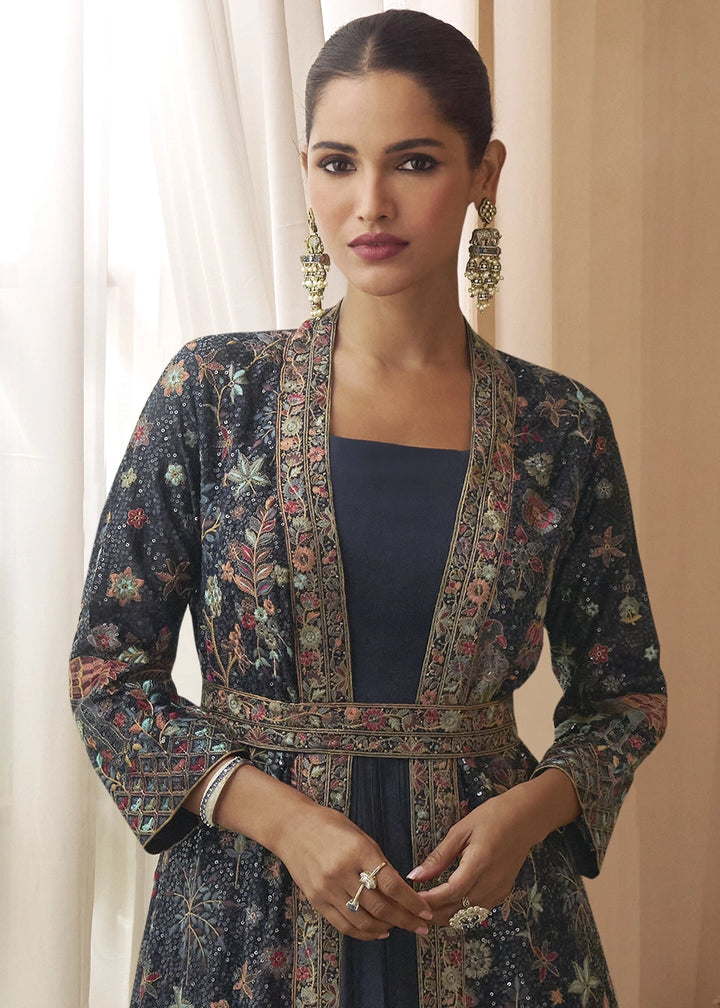 Denim Blue Chinon Silk Gown with Heavy Embroidered Front & Back Jacket
