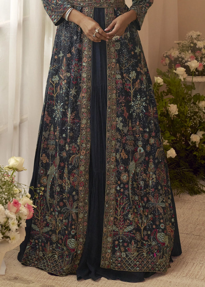 Denim Blue Chinon Silk Gown with Heavy Embroidered Front & Back Jacket