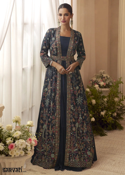 Denim Blue Chinon Silk Gown with Heavy Embroidered Front & Back Jacket