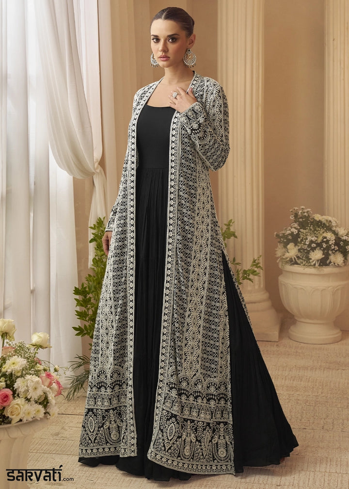 Pebble Black Chinon Silk Gown with Heavy Embroidered Front & Back Jacket