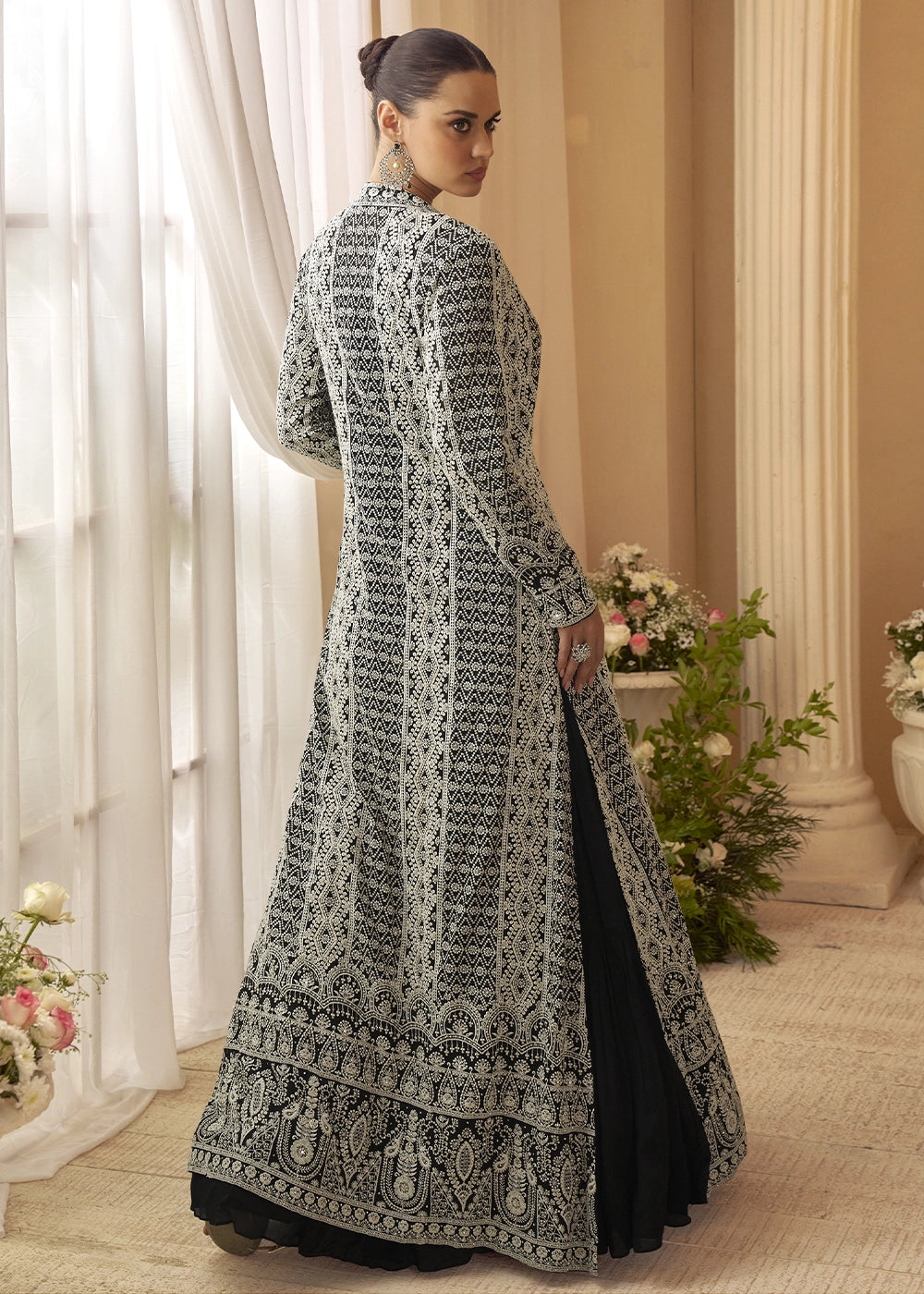 Pebble Black Chinon Silk Gown with Heavy Embroidered Front & Back Jacket