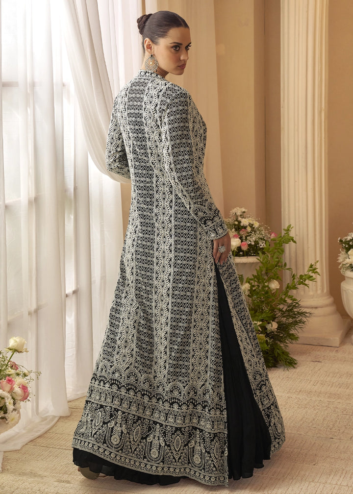 Pebble Black Chinon Silk Gown with Heavy Embroidered Front & Back Jacket