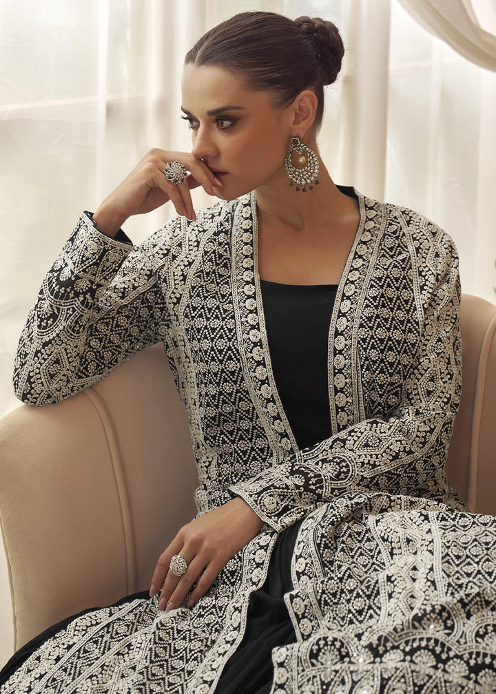 Pebble Black Chinon Silk Gown with Heavy Embroidered Front & Back Jacket