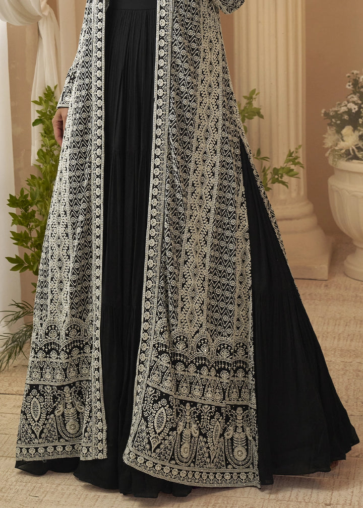 Pebble Black Chinon Silk Gown with Heavy Embroidered Front & Back Jacket