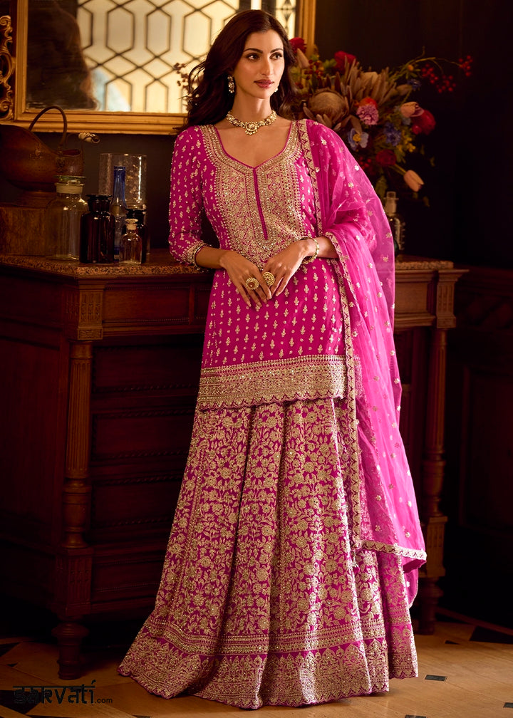 Hot Pink Georgette Top Skirt Set featuring Mirror Work and Intricate Embroidery