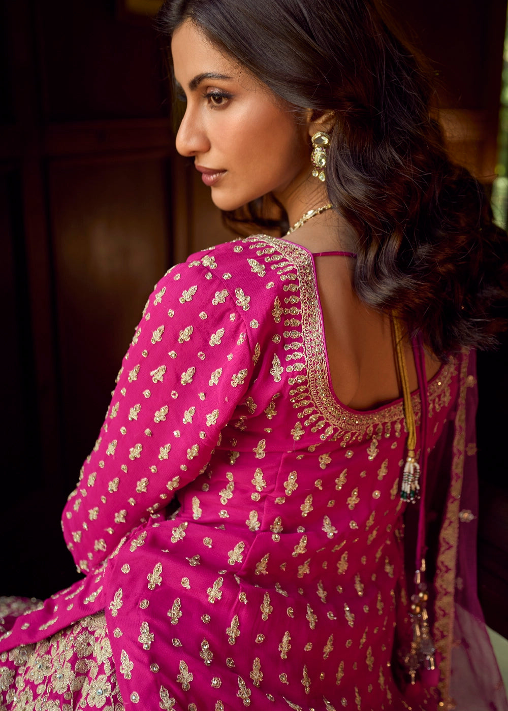 Hot Pink Georgette Top Skirt Set featuring Mirror Work and Intricate Embroidery